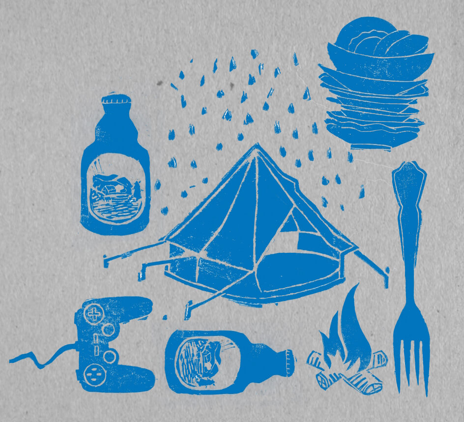 Festival-Plakat 2016 Schöpferkraft e.V. Ausschnitt Festival-Plakats 2016 von Schöpferkraft e.V. Siebdruck, blau auf grauem Grund, einige kleine gemalte Bildchen: ein Zelt, ein Haufen Geschirr, ein Lagerfeuer u.a.